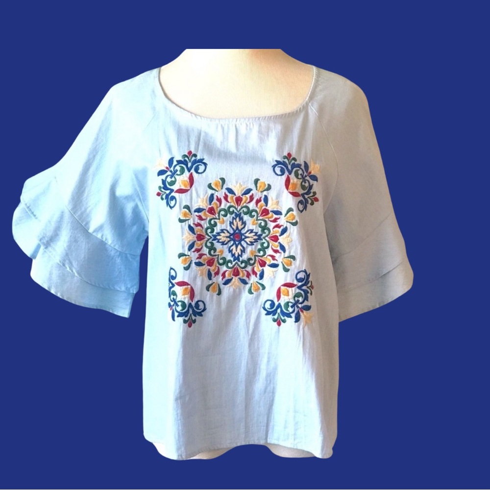 BOUTIQUE ITEM- Chic Light Blue Embroidered Blouse